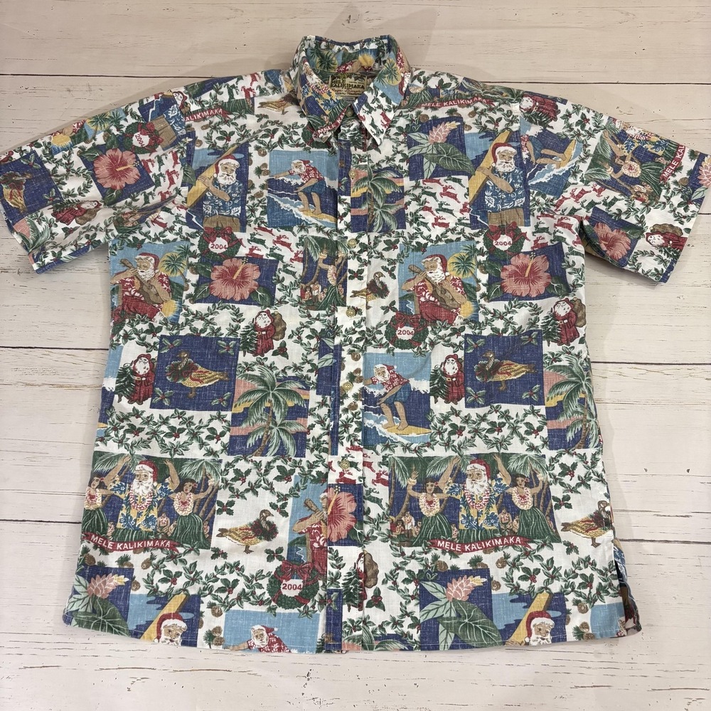Vintage Reyn Spooner Hawaiian Shirt Mens L Mele Kalikimaka Santa Christmas Print
